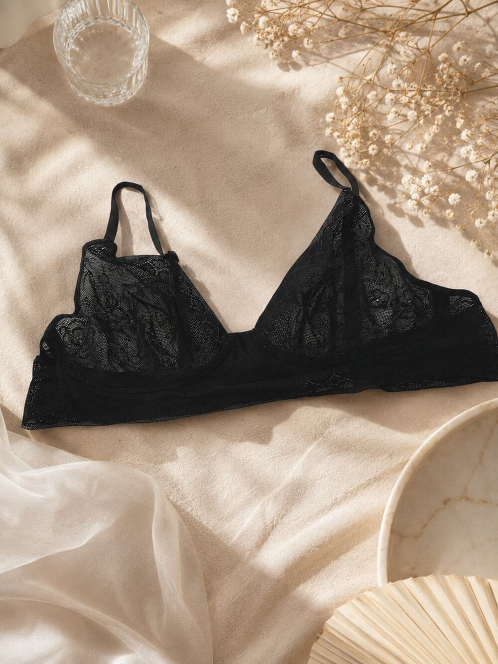 Shimera Women's Sexy Sheer Unlined Floral Lace Bralette Lace Bra Black Size M